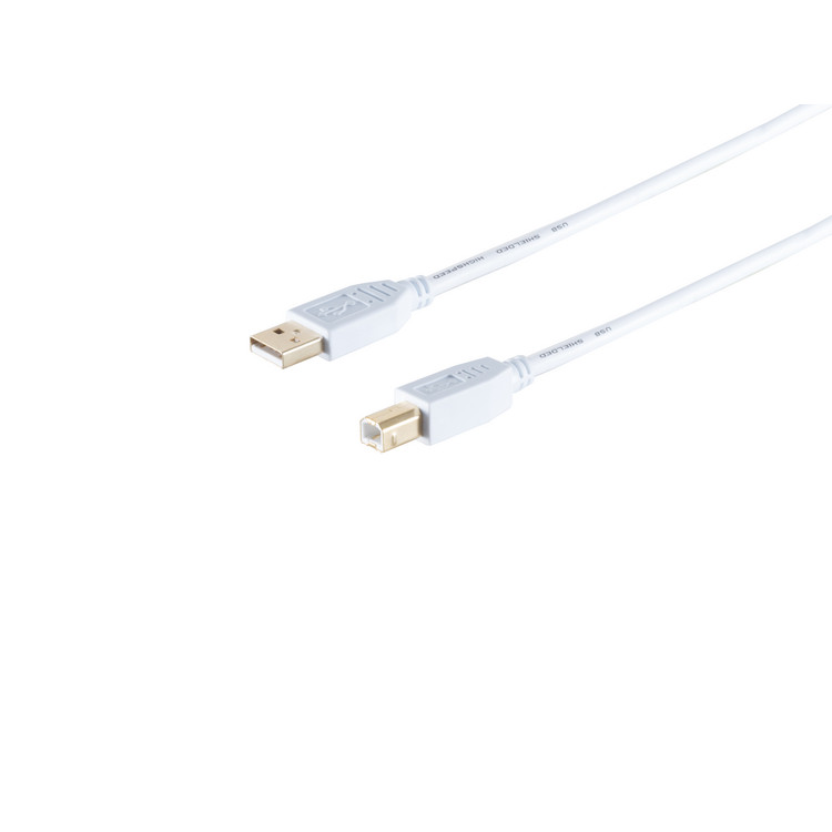 USB-A Adapterkabel, USB-B, 2.0, gold, weiß, 5m